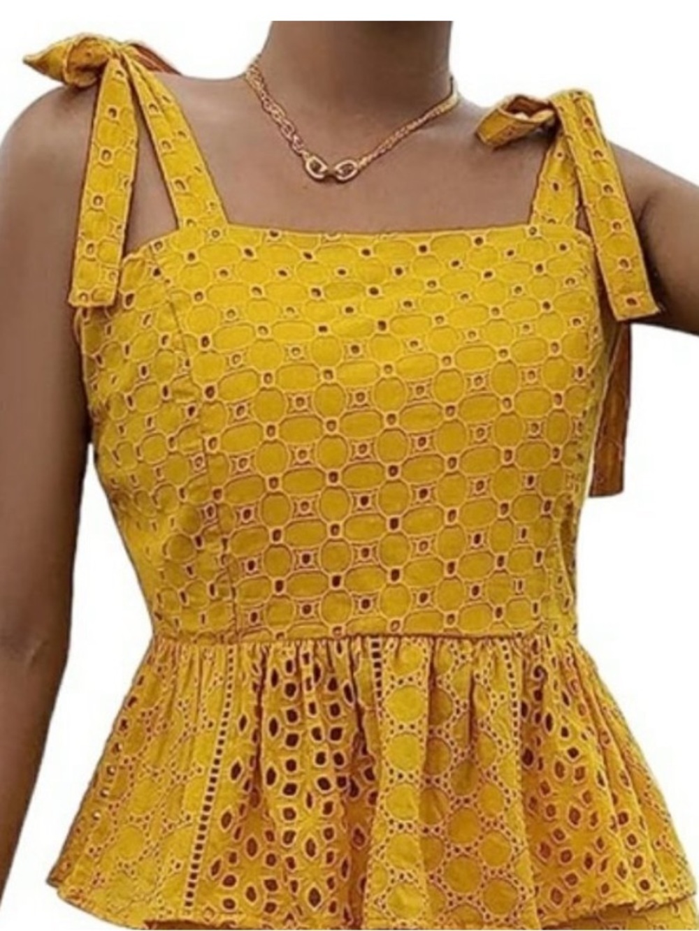 House of Harlow 1960 Yellow‎ Eyelet Tie-Shoulder Peplum Blouse Size XS